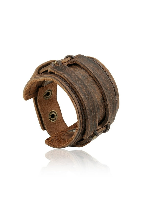 Womens and Mens Genuine Cuff Bangle Leather Bracelet Adjustable Wristband in Punk Design Coffee 30G