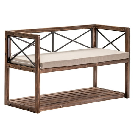 Meredith 49"W Fir Wood, Oatmeal Linen & Black Metal Bench - 49.25"W x 30"H x 22"D