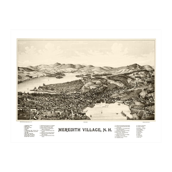 Meredith Village Art, 1889 Vintage Map of Meredith Village New Hampshire, NH History Wall Decor Gift, Old Meredith Village Map - 24" x 18" Unframed Print
