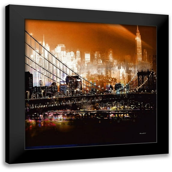 Mereditt.f 12x12 Black Modern Framed Museum Art Print Titled - Brooklyn Bridge by Night