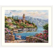 Merejka Counted Cross Stitch Kit   Lago di Como Italian Lake Landscape K-175 | Zweigart Aida 16 Ecru | 40 DMC Colors | 16 12 in / 41 30 cm