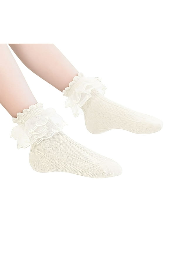 3PC Kids Girls Ruffle Lace Trim Cotton Socks Frilly Dress Candy Colored Socks Beige 10-15 Years