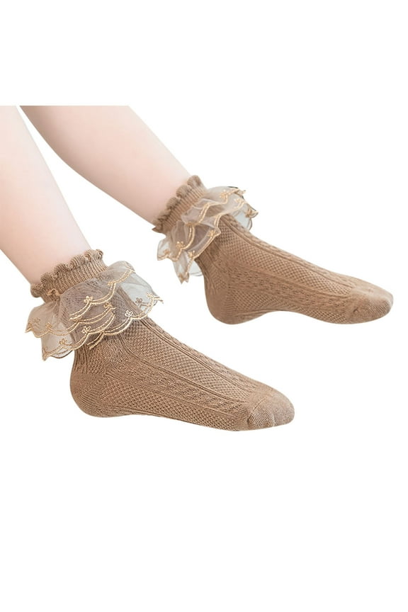 3PC Kids Girls Ruffle Lace Trim Cotton Socks Frilly Dress Candy Colored Socks Coffee 1-3 Years