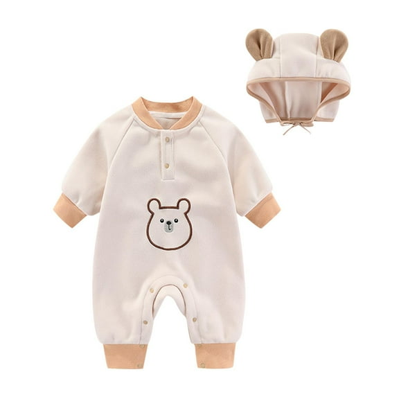 ZACPNCV Baby Boys Girls Long Sleeve Rompers Infant Round Neck Bear Casual Outfits Newborn Cute Fall Winter Jumpsuits Hat Beige