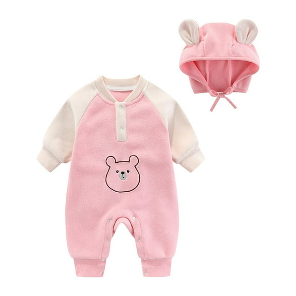 ZACPNCV Baby Boys Girls Long Sleeve Rompers Infant Round Neck Bear Casual Outfits Newborn Cute Fall Winter Jumpsuits Hat Pink