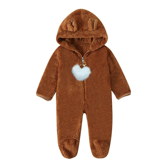 Meresysid Baby Cartoon Bear Velvet Warm Romper Infant Boys Girls Solid Hooded Jumpsuit Long Sleeve Fall Outfits&Sets Brown 0-3 Months