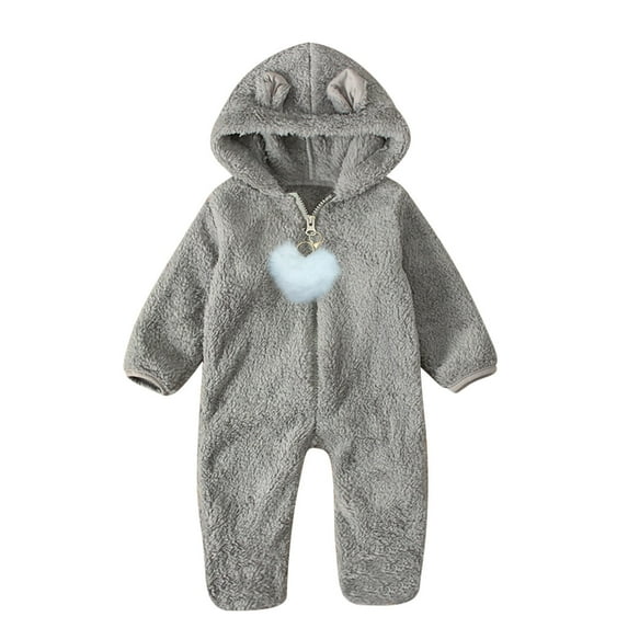 ZACPNCV Baby Cartoon Bear Velvet Warm Romper Infant Boys Girls Solid Hooded Jumpsuit Long Sleeve Fall Outfits&Sets Gray 3-6 Months