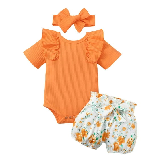ZACPNCV Baby Girl Clothes Infant Summer Outfits Set Ruffle Sleeve Ribbed Romper and Floral Shorts with Headband Yellow 6-9 Months