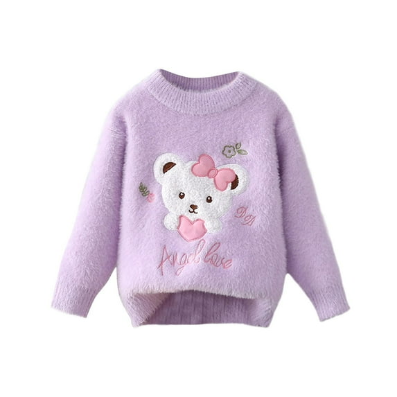 ZACPNCV Baby Girls Knitted Sweater Pullover Winter Warm Fleece Lined Top Crewneck Sweater Purple 7 Years