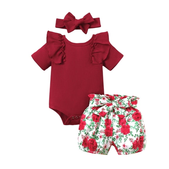 ZACPNCV Baby Girls Ribbed Bodysuit Bloomer Shorts Outfits with Headband Summer Clothes Red 3-6 Months