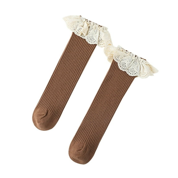ZACPNCV Baby Girls Solid Color Cotton Socks With Large Lace And A Middle Tube Socks Coffee 0-4 Years