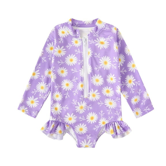 ZACPNCV Baby Rash Guard Swimsuits Toddler Girls Long Sleeve Daisy Prints Swimwear Beach Swimsuit with Zipper Ruffle Beach Bathing Suit Sunsuit Purple 12-18 Months