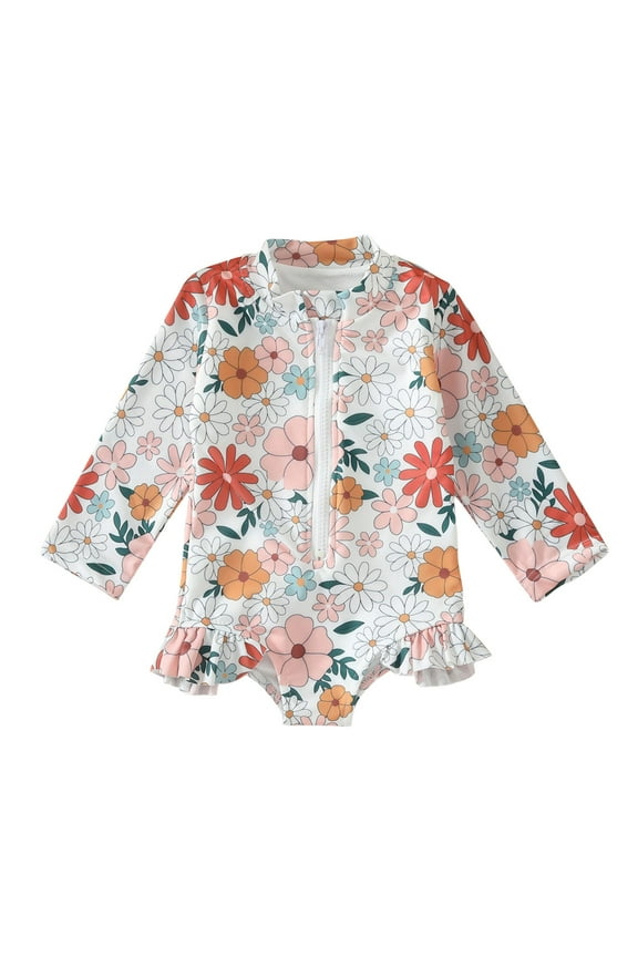 Baby Rash Guard Swimsuits Toddler Girls Long Sleeve Daisy Prints Swimwear Beach Swimsuit with Zipper Ruffle Beach Bathing Suit Sunsuit White 18-24 Months