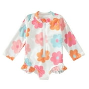 ZACPNCV Baby Rash Guard Swimsuits Toddler Girls Long Sleeve Daisy Prints Swimwear Beach Swimsuit with Zipper Ruffle Beach Bathing Suit Sunsuit White 2-3 Years