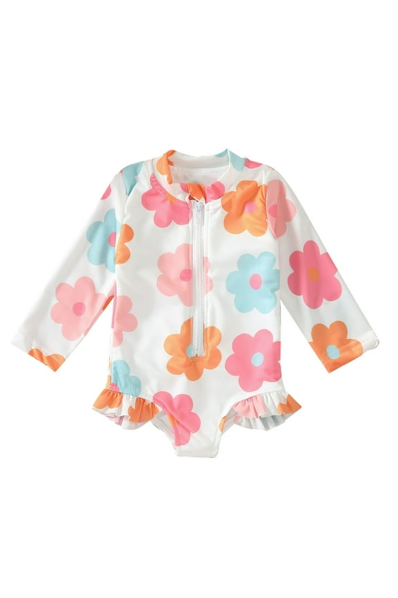 Baby Rash Guard Swimsuits Toddler Girls Long Sleeve Daisy Prints Swimwear Beach Swimsuit with Zipper Ruffle Beach Bathing Suit Sunsuit White 2-3 Years