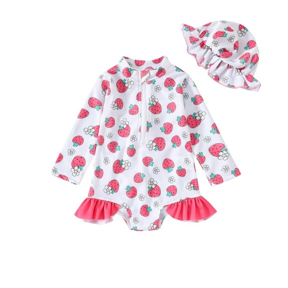ZACPNCV Baby Rash Guard Swimsuits Toddler Girls Long Sleeve Strawberry Prints Swimwear Beach Swimsuit with Half Zipper Ruffle Beach Bathing Suit Sunsuit with Hats Hot Pink 18-24 Months
