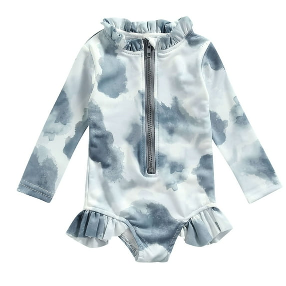 ZACPNCV Baby Rash Guard Swimsuits Toddler Girls Long Sleeve Tie-Dye Prints Swimwear Beach Swimsuit with Zipper Ruffle Beach Bathing Suit Sunsuit Gray 18-24 Months