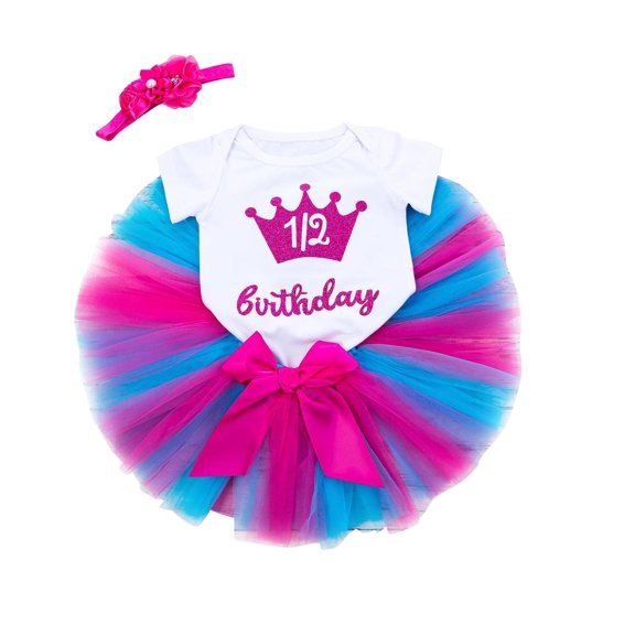 ZACPNCV Birthday Outfit Baby Girls One Romper and Ruffle Tulle Skirt and Headband 3PC Clothes Set Hot Pink 3-6 Months