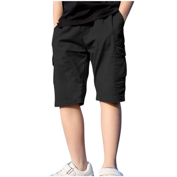 ZACPNCV Boys Cargo Shorts Elastic Waist Casual Shorts with Multi Pockets Lightweight Athletic Running Workout Shorts Summer Clothes Black 13-15 Years