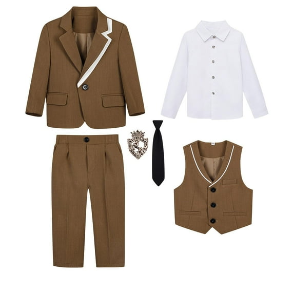 ZACPNCV Boys Suit for Kids 6 Pieces Formal Dresswear Set Teen Boys Tuxedo Suits for Wedding Graduation Coffee 9-10 Years