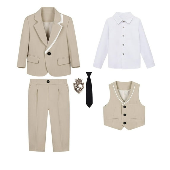 ZACPNCV Boys Suit for Kids 6 Pieces Formal Dresswear Set Teen Boys Tuxedo Suits for Wedding Graduation Khaki 5-6 Years
