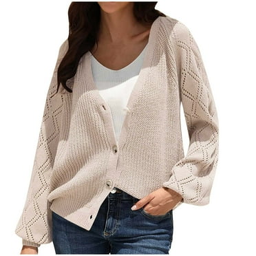 ZACPNCV Cardigan Sweaters for Women Hollow Out Loose Solid Color V-Neck Sweater Jacket Tops Beige M