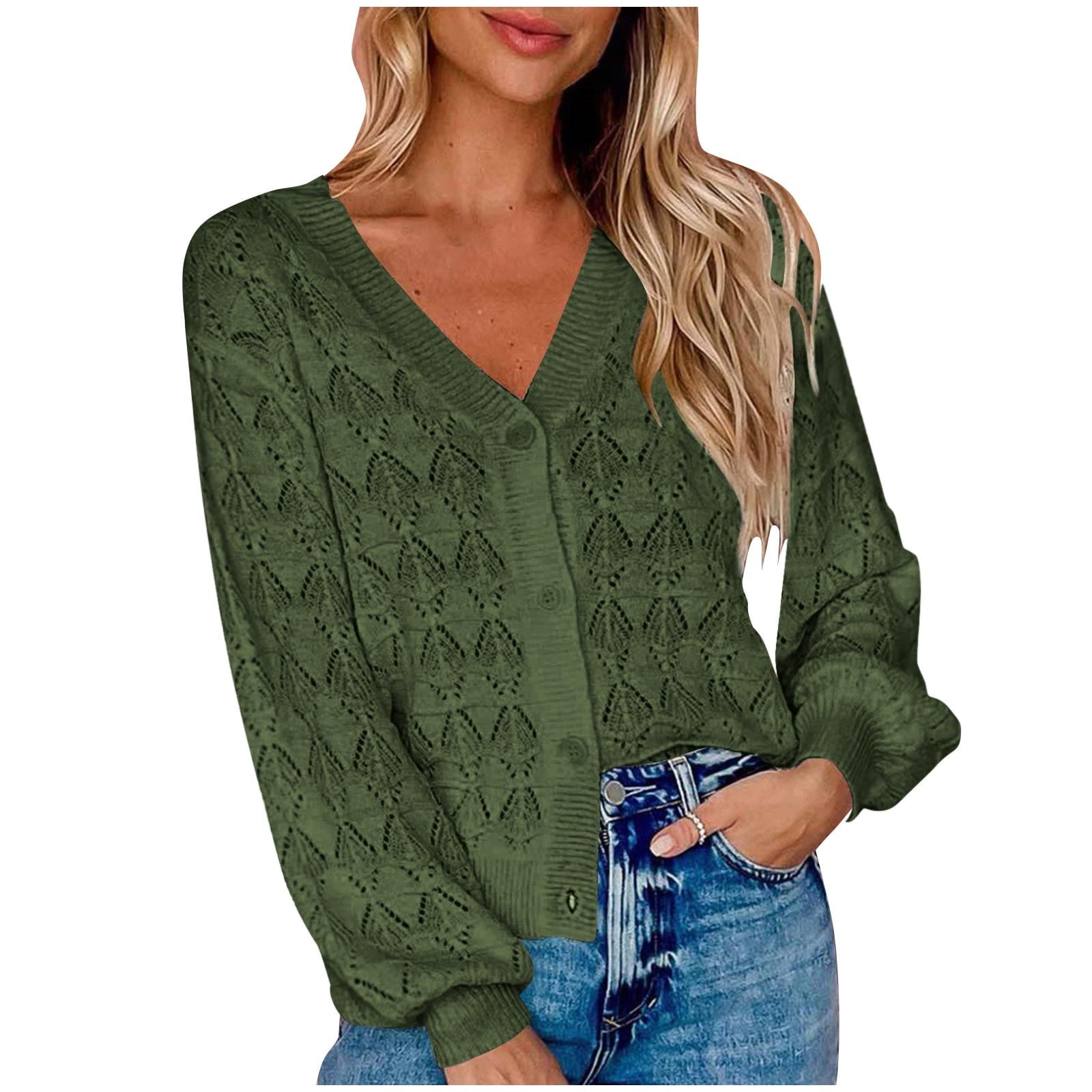 Cardigan Sweaters for Women Hollow Out Loose Solid Color V-Neck Sweater Jacket Tops Olive Green XL