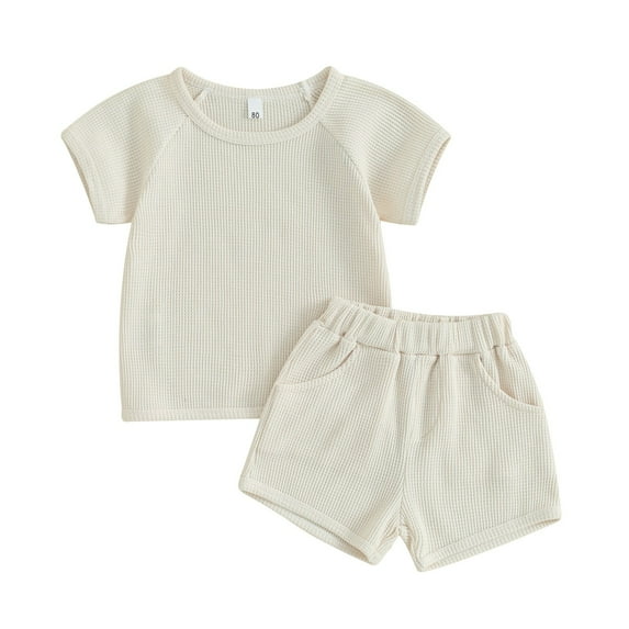 Meresysid Cute Gender Neutral Toddler Clothing Knit Round Neck Casual Short Sleeve Tops Summer Solid Color Basic Boys And Girls Short Pants 2 Piece 6 Months White