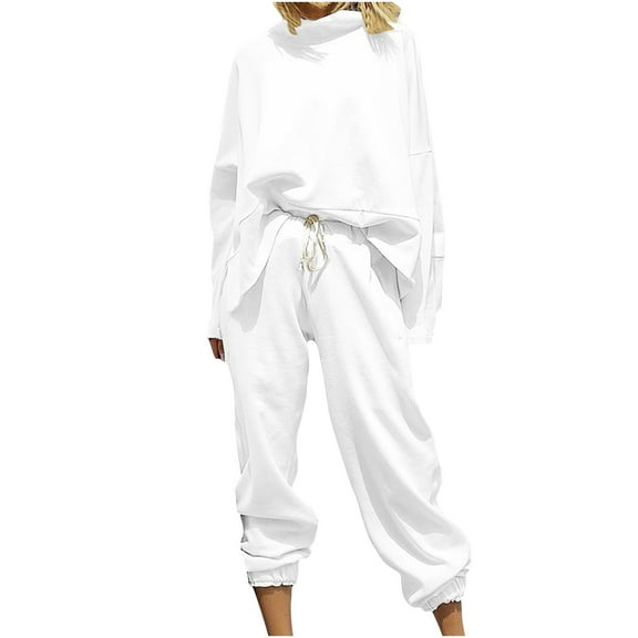 ZACPNCV Fashion Women Winter Round-Neck Casual Long Sleeve Sweater and Long Pant Set White