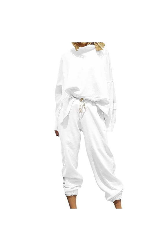 Fashion Women Winter Round-Neck Casual Long Sleeve Sweater and Long Pant Set White