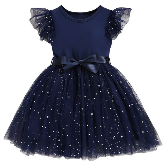 ZACPNCV Girl Sparkly Sequins Star Dress Flutter Sleeve Tulle Tutu Teen Girl Birthday Dress Kids Wedding Christmas Outfits Navy 4-5 Years