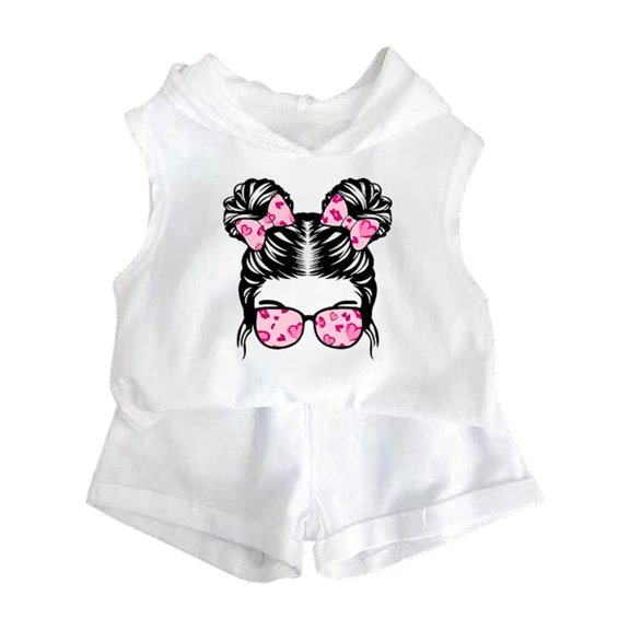 ZACPNCV Girls 2 Piece Outfits Sleeveless Hoodies Tank Top and Shorts Cartoon Printed Casual Summer Shorts Sets White 7-8 Years