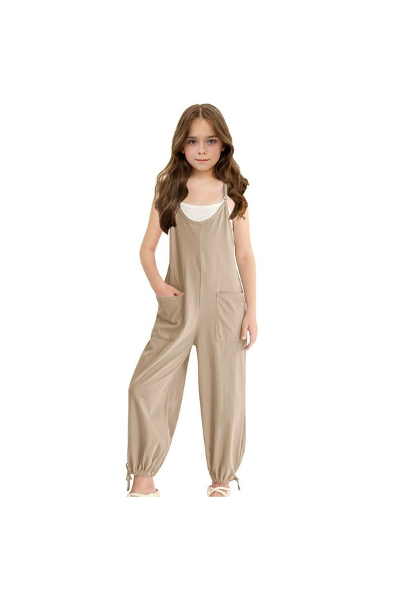 Girls Casual Jumpsuits Spaghetti Strap Sleeveless Loose Romper Long Pants with Pockets Kids Clothes Beige 7-8 Years