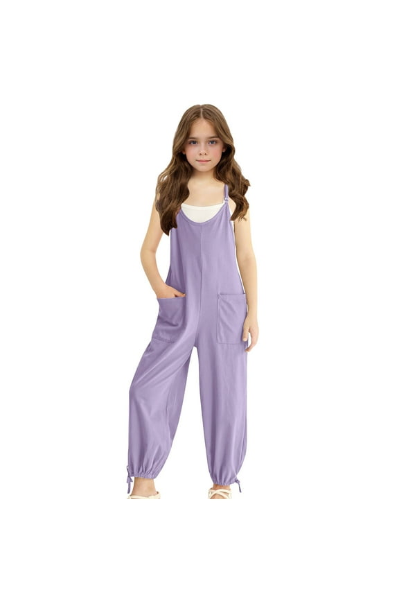 Girls Casual Jumpsuits Spaghetti Strap Sleeveless Loose Romper Long Pants with Pockets Kids Clothes Purple 7-8 Years