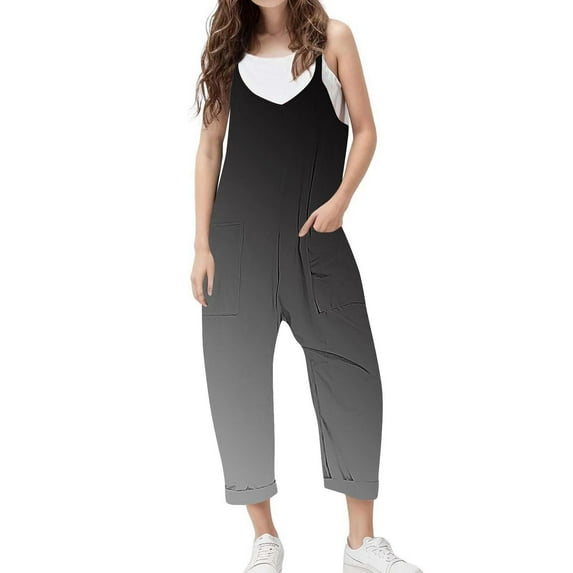 ZACPNCV Girls Casual Sleeveless Jumpsuits Gradient Spaghetti Strap Loose Romper Long Pants with Pockets Black 9-10 Years