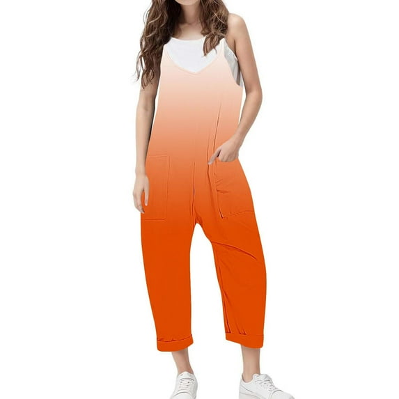 Meresysid Girls Casual Sleeveless Jumpsuits Gradient Spaghetti Strap Loose Romper Long Pants with Pockets Orange 13-14 Years