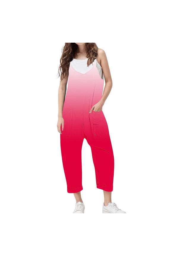 Girls Casual Sleeveless Jumpsuits Gradient Spaghetti Strap Loose Romper Long Pants with Pockets Watermelon Red 13-14 Years