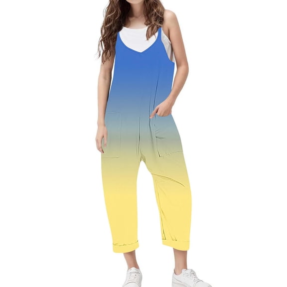 ZACPNCV Girls Casual Sleeveless Jumpsuits Gradient Spaghetti Strap Loose Romper Long Pants with Pockets Yellow 13-14 Years