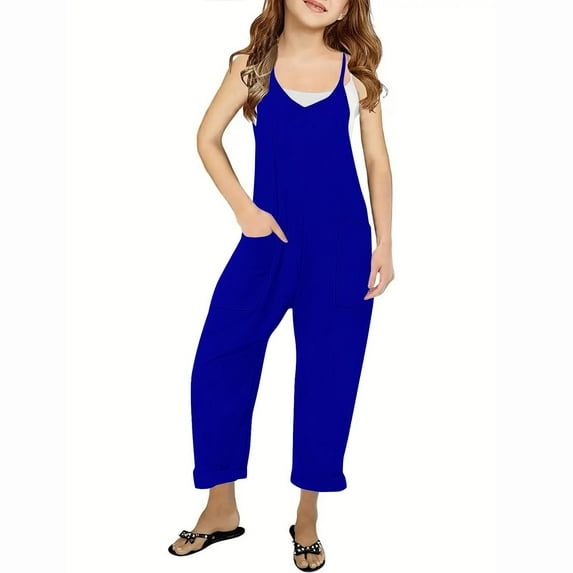 Meresysid Girls' Casual Sleeveless Jumpsuits Spaghetti Strap Loose Romper Long Pants With Pockets Blue