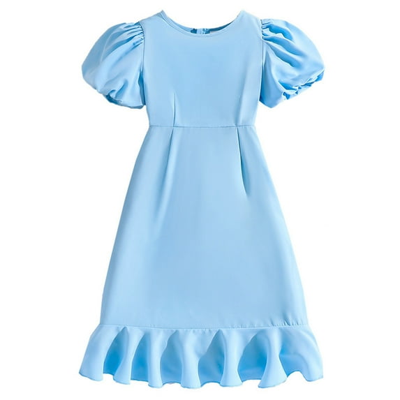 ZACPNCV Girls Dresses Short Sleeve Crewneck Puff Sleeve Cotton Summer Solid Color Dress Sky Blue 9-10 Years