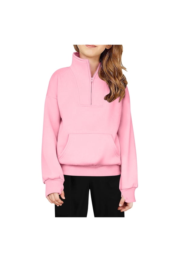 Girls Half Zip Sweatshirt Fleece Quarter Zip Pullover Sweatshirts Fall Clothes for Teen Girls Thumb Hole Pink 9-10 Years