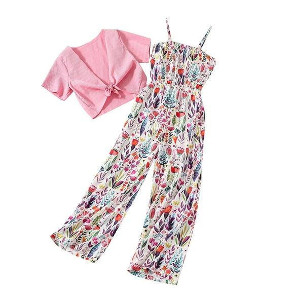ZACPNCV Girls Jumpsuit Sleeveless Girl Casual Rompers Suspender Wide Leg Pants with Belt Jumpsuit Pink 16-17 Years
