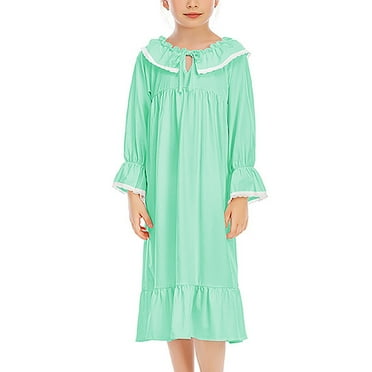 Meresysid Girls Long Nightgown Pajamas Solid Color Thin Cute Folded Lace Dress Green