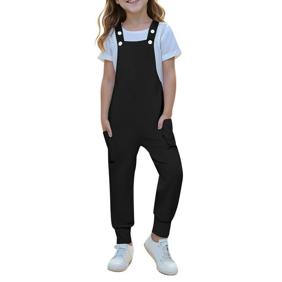 ZACPNCV Girls Overalls Kids Casual Sleeveless Jumpsuits Harem Pants Rompers with Pockets Black 9-10 Years