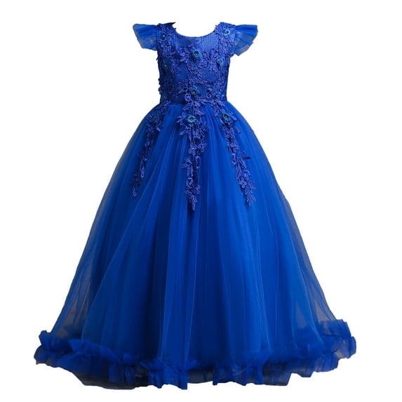 ZACPNCV Girls Princess Dress Puffy Sleeve Tulle Dress Wedding Pageant Party Prom Formal Ball Gown Blue 11-12 Years