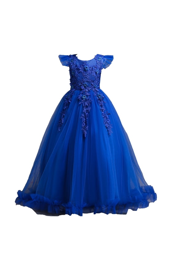 Girls Princess Dress Puffy Sleeve Tulle Dress Wedding Pageant Party Prom Formal Ball Gown Blue 4-5 Years