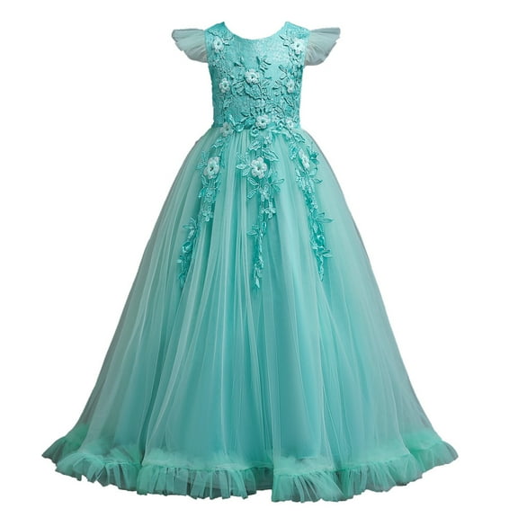 ZACPNCV Girls Princess Dress Puffy Sleeve Tulle Dress Wedding Pageant Party Prom Formal Ball Gown Green 7-8 Years