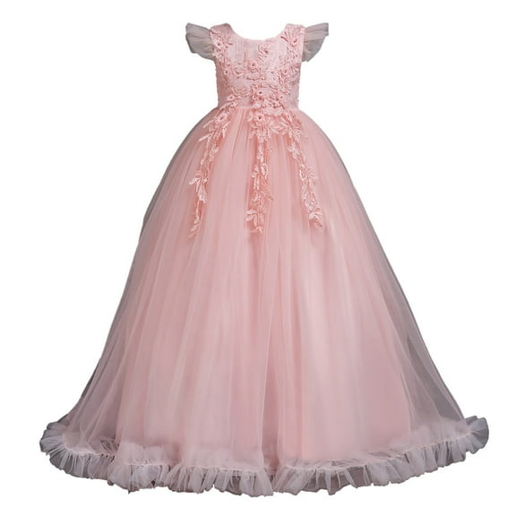 ZACPNCV Girls Princess Dress Puffy Sleeve Tulle Dress Wedding Pageant Party Prom Formal Ball Gown Pink 13-14 Years