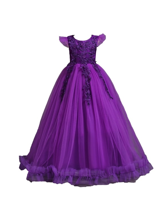 Girls Princess Dress Puffy Sleeve Tulle Dress Wedding Pageant Party Prom Formal Ball Gown Purple 9-10 Years