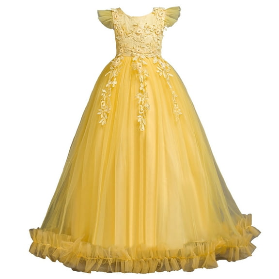 ZACPNCV Girls Princess Dress Puffy Sleeve Tulle Dress Wedding Pageant Party Prom Formal Ball Gown Yellow 7-8 Years